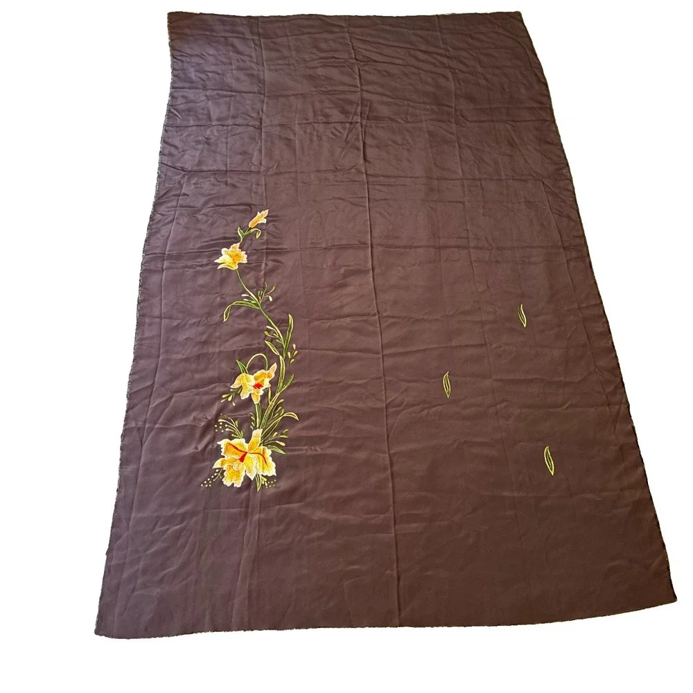 VTG Embroideried Material Black W Yellow Flowers Leaves 42